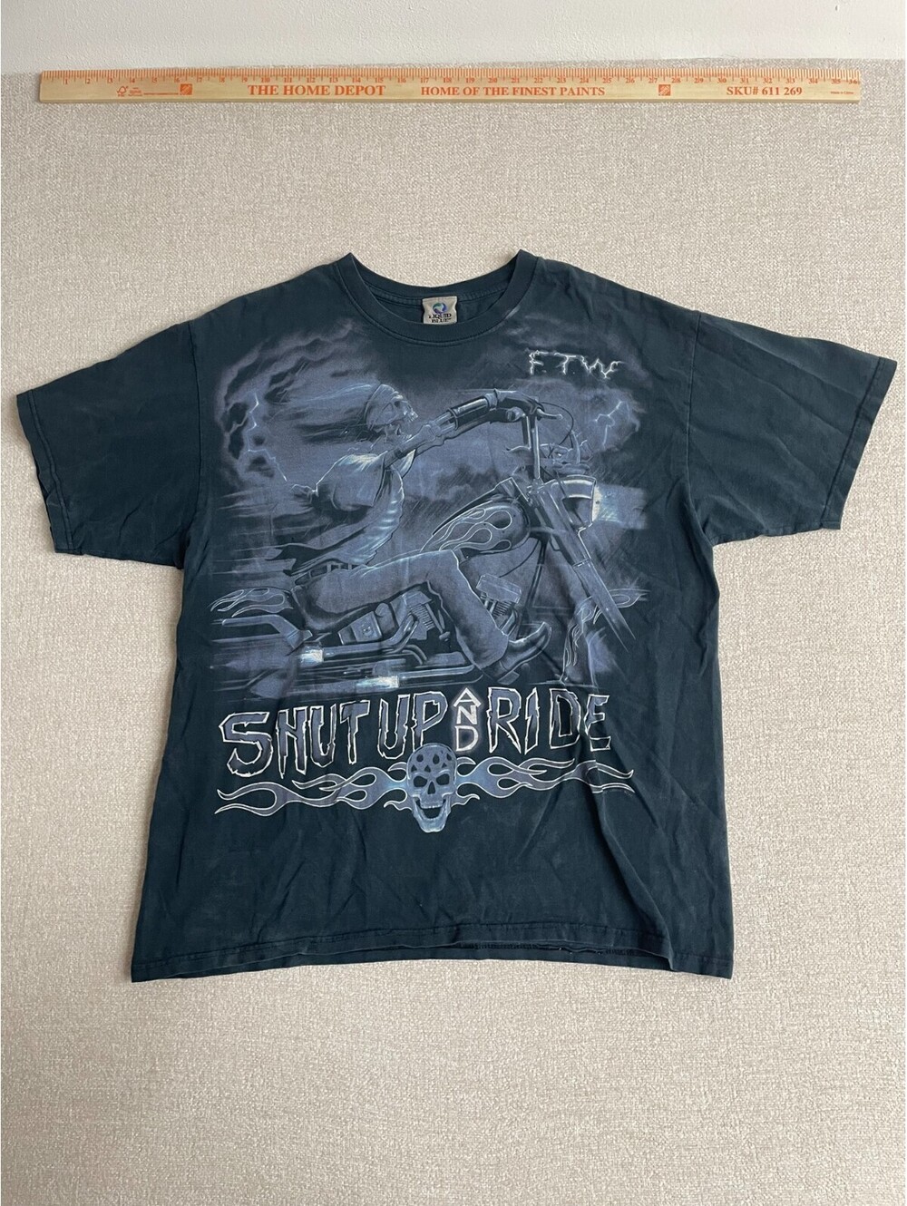 Vintage Liquid Blue FTW Skeleton Biker Graphic T Shirt Size XL Black Motorcycle